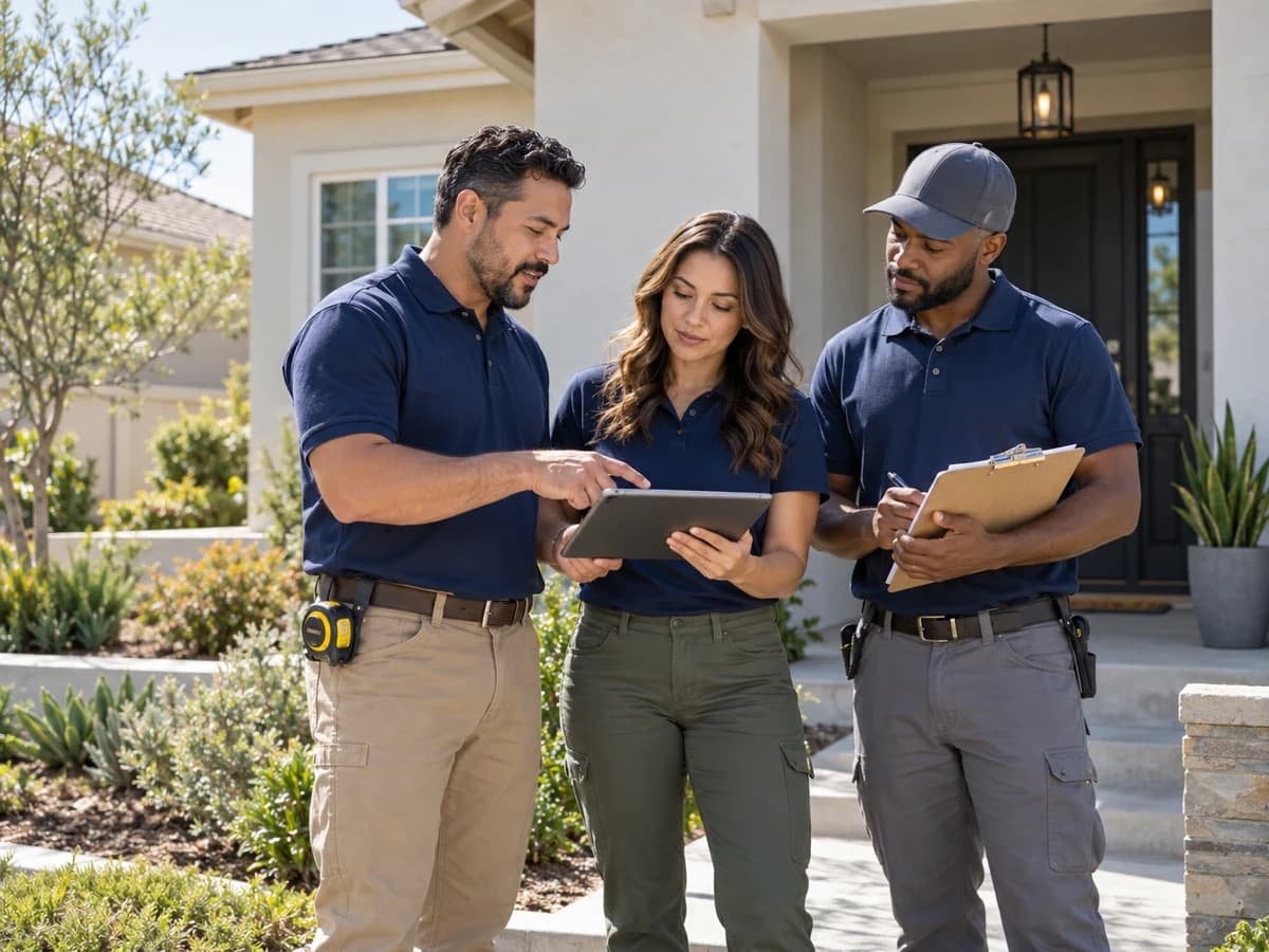 Three team members reviewing an inspection report on a tablet outside a home
